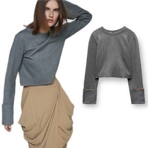 Zara Crop Knit Sweater Double Faced Gray Caramel Minimalist Cuffed Long Sleeve S